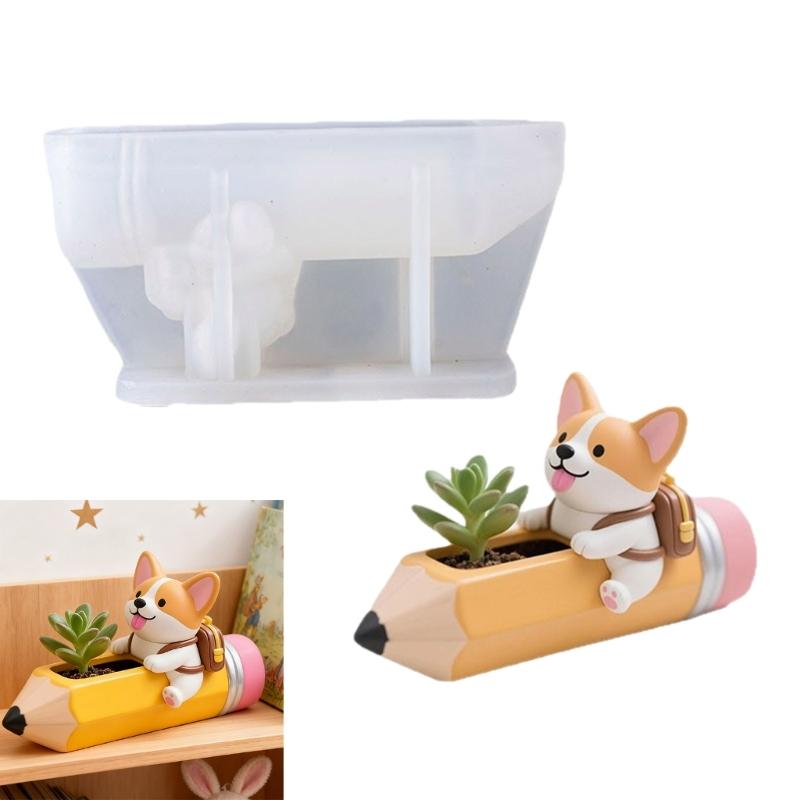 Creative Silicone Mold Pencil and Dog Shape Planter Moulds Perfect for Resin Art Concrete Creations and Home Decoration