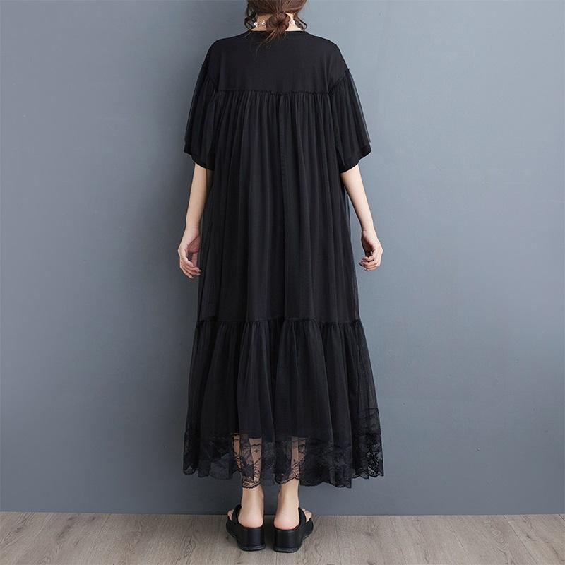 Short Sleeve Plus Size Black Cotton Mesh Vintage New In Dresses for Women Casual Loose Long Summer Dress