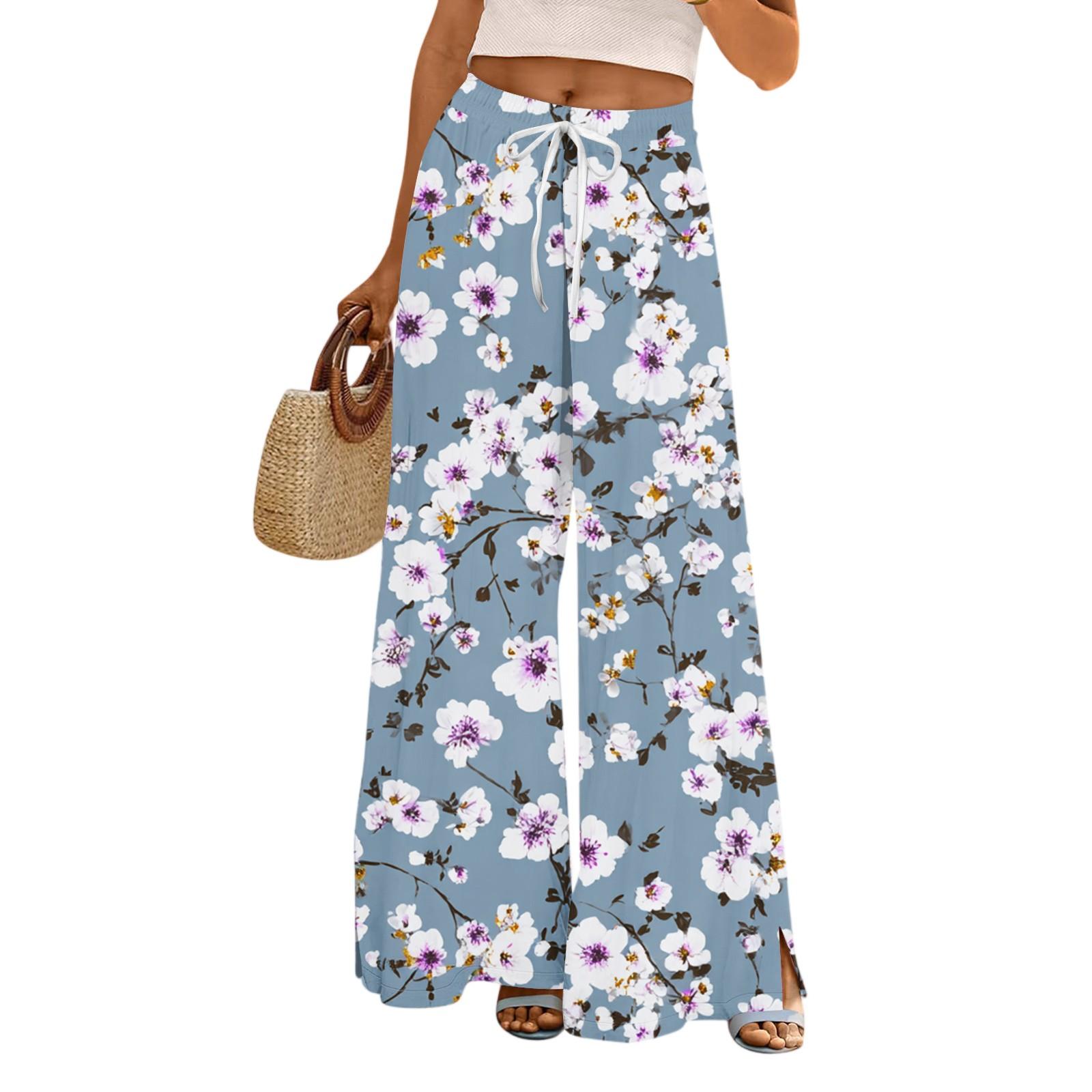 

Women s Casual Wide Leg Pants Stretch Belt Pocket Floral Print Adjustable Tie Pants XL