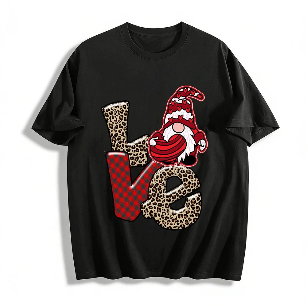 

Love Gnome Print Top Retro Plaid Leopard Patchwork Casual T-Shirt Pure cotton T-shirt XXS