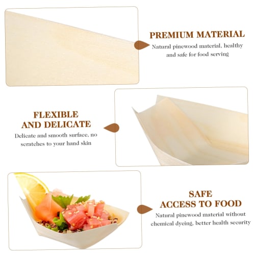 NUOLUX Disposable Wooden Takoyaki Boat Plates, 3-inch (8.5x6x3cm), Pack of 100, Wooden Boats, Sushi Plates, Trays, Boats, Takoyaki Boat Plates for Hom