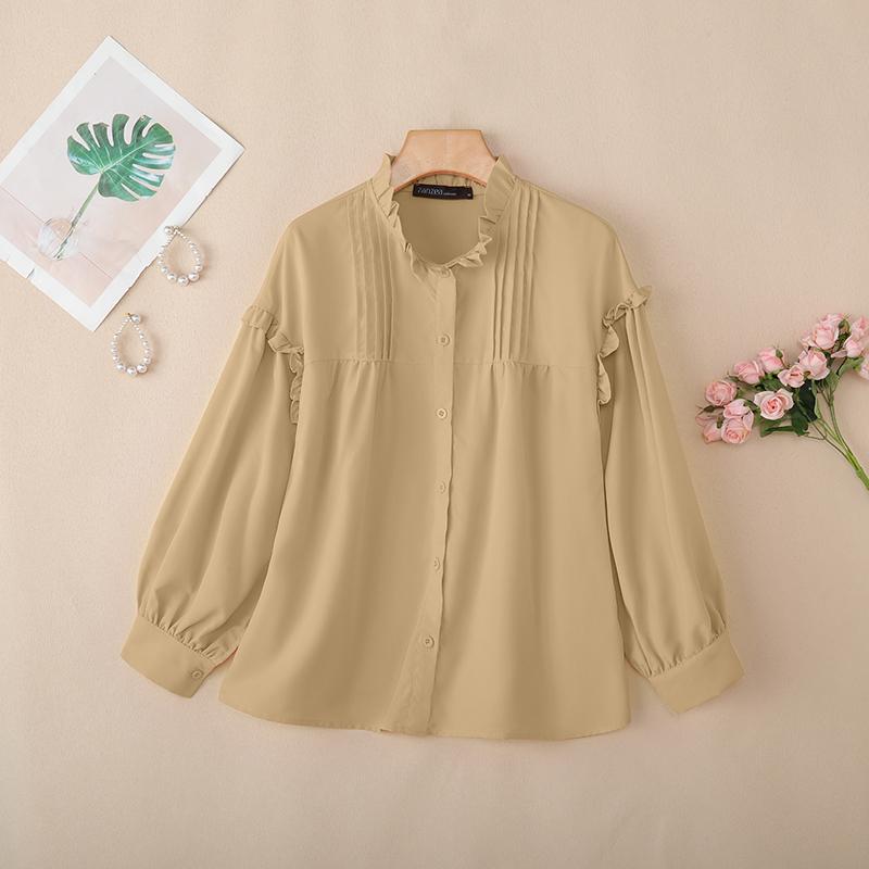 

ZANZEA Женская повседневная блузка с круглым вырезом, однотонная, свободного кроя, с длинным рукавом 5XL хаки