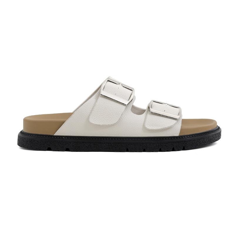 Cowhide version thick-soled slippers women's genuine leather flat-bottomed outer wear one-word belt buckle cool slippers Boken half slippers