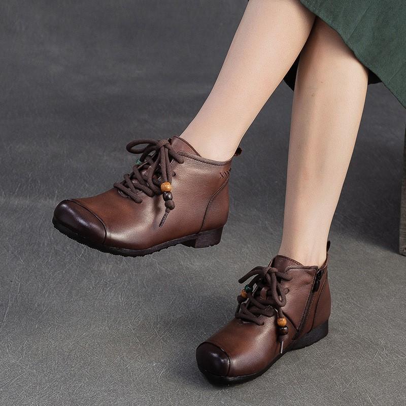 Johnature Retro Round Toe Genuine Leather Ankle Boots Versatile Soft Soled Comfortable Women's Shoes