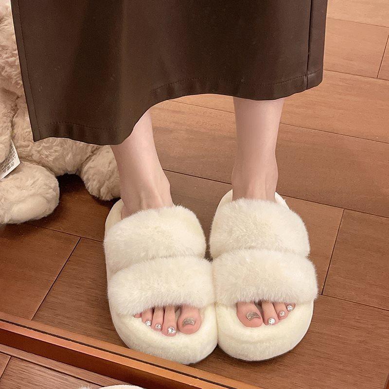 

Retro cotton slippers one word new fluffy slippers women wear thick bottom fashion fluffy autumn and winter 2025 black 40