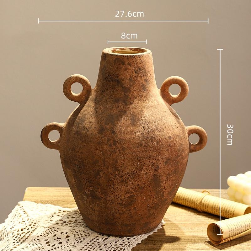 Ceramic Vase Retro Pot Rough Pottery Geometric Handle Flower Vase Flower Arrangement Accessories Flowerpot Home Decoration