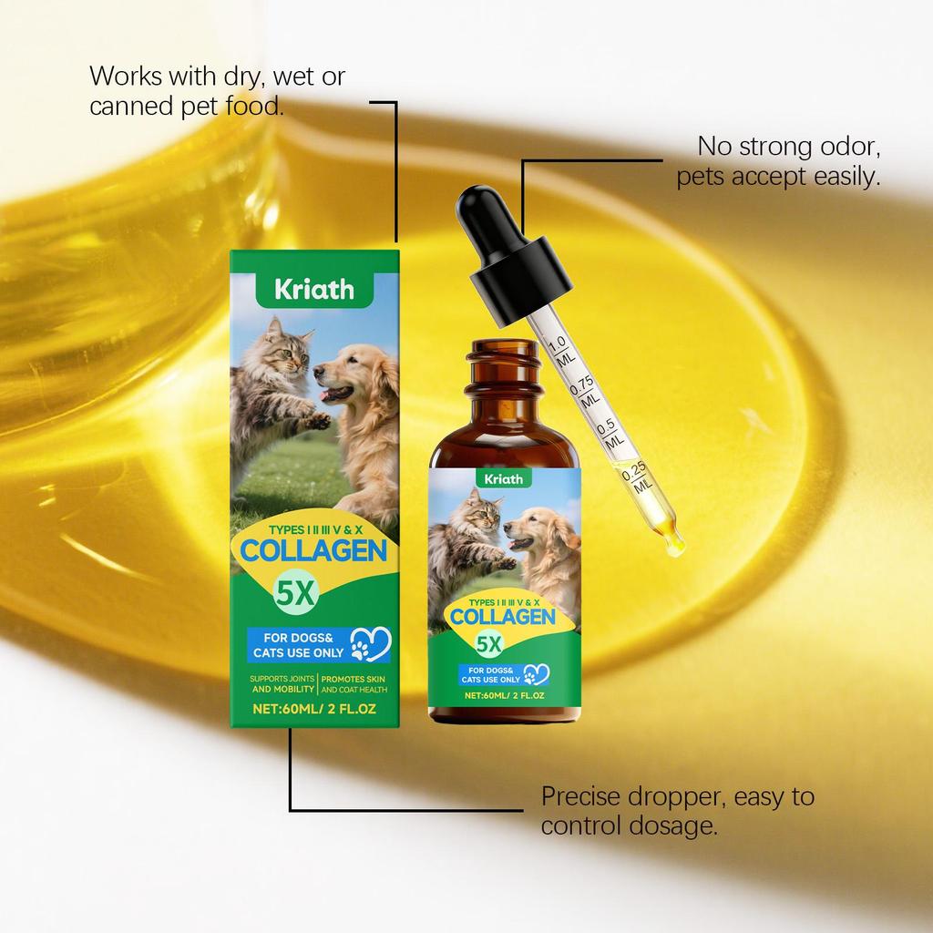 Kriath Pet Collagen Drops 60ml, Cats & Dogs. Joint Care, Skin Health, Coat Health, Gut Health, Immune System Boosting for Pets.