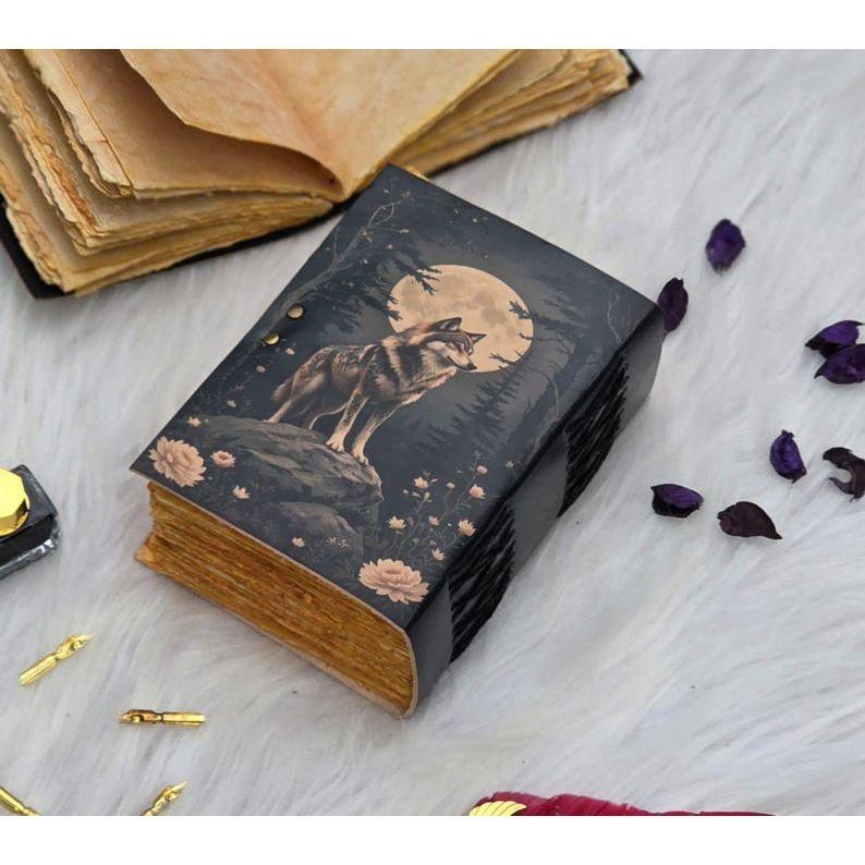 Lunar Wolf Grimoire – Handcrafted Vintage Book with Lock | Leather Notebook with Wolf & Moon Cover | Aesthetic Gothic Book | Grimoire Book