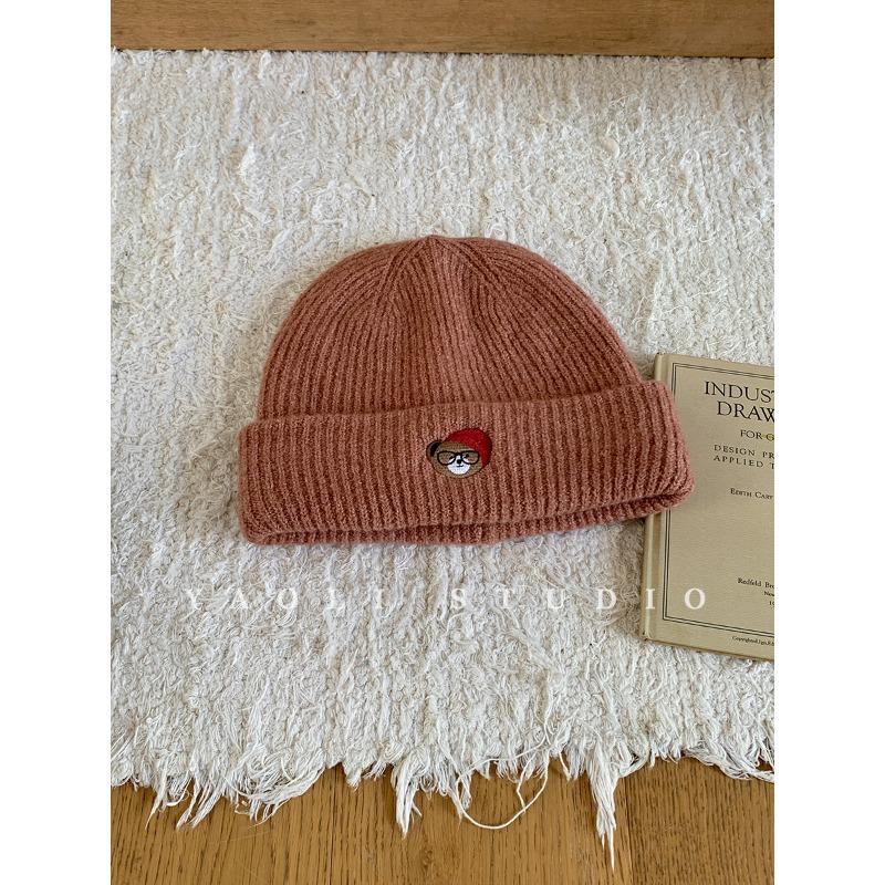 Autumn and Winter Thickened Warm Glasses Puppy Embroidered Knitted Woolen Hat for Women Korean Style Cold Proof Face Showing Small Pullover Hat