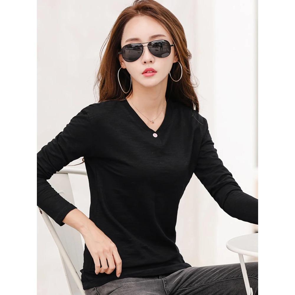 2025 Long Sleeve Spring Women Slub Cotton T Shirts Female Button Green V-Neck Solid Color T-shirt Coffee Korean Soft Loose Tops