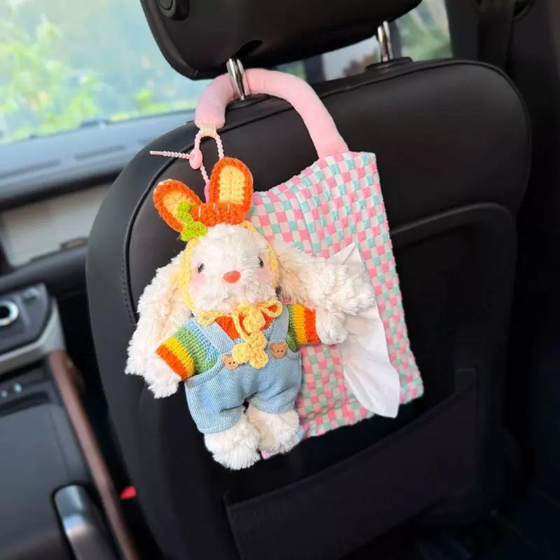 Cute Plush Rabbit Car Tissue Holder, Hanging Car Organizer, Pink