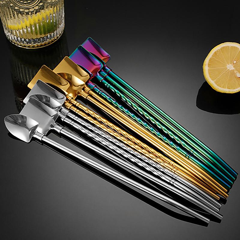 2In1Drinking Straws Spoon Creative Stainless Steel Reusable Drinking Straw