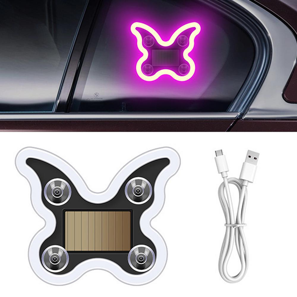 Solar Powered Car Light 6 Modes Butterfly Warning Lamp Suction Cup Solar LED Car Light With Vibration Sensor For Triangle Window розовый