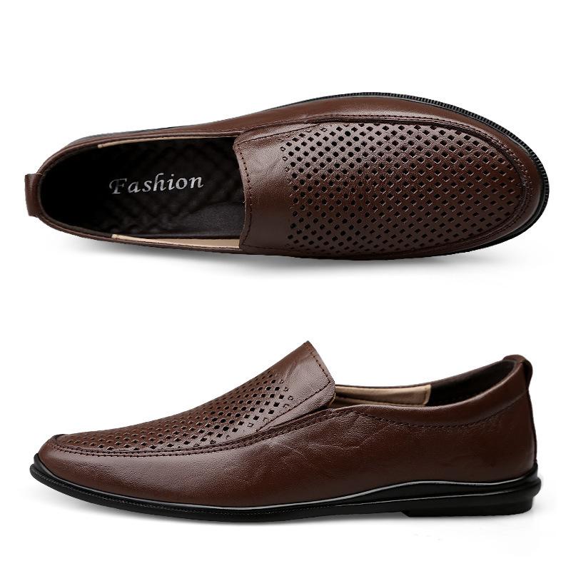 Andningsaktiva herrskor med hål, vår, casual läderskor, mjuka läderskor för män, mjuk sula, medelålders/äldre pappaskor
