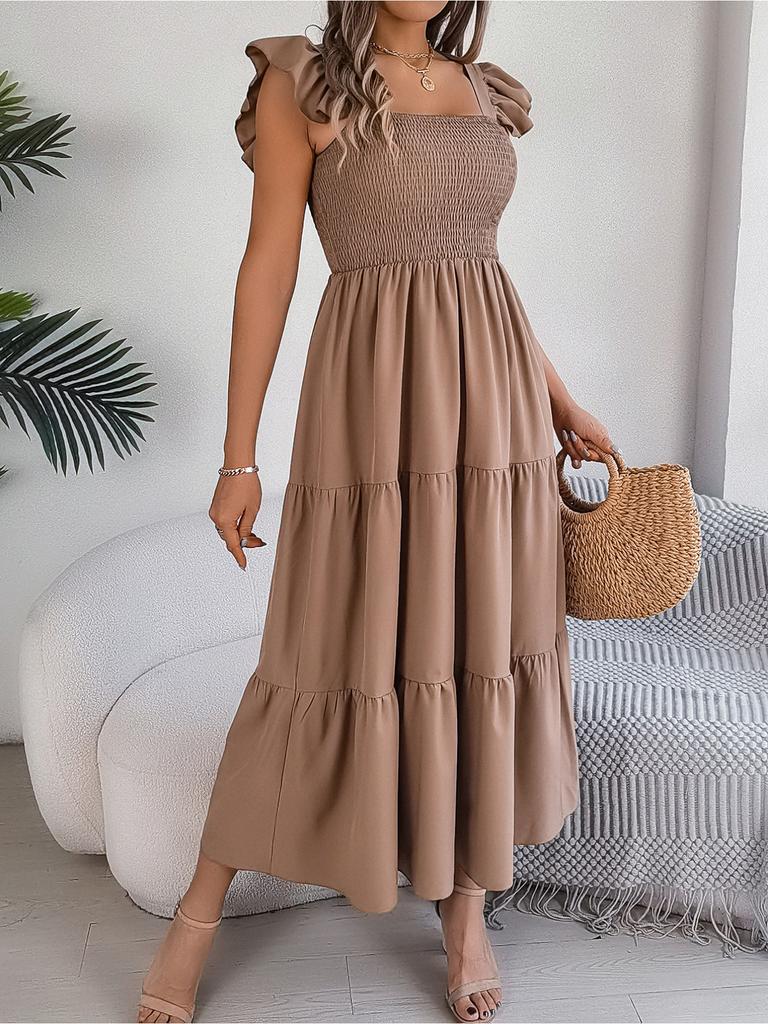 Square Neck Solid Color Dress High Waist Elegant Ruffle Edge Dress for Women Sleeveless Loose Dresses Causal Dress