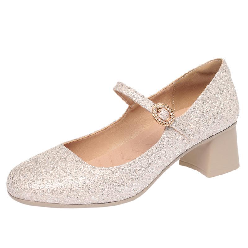 Fashion One-Line Button Single Shoes Summer New Style Women's Shoes Mid-Heel Thick-Heeled Cheongsam Catwalk Leather Shoes Banquet Shoes