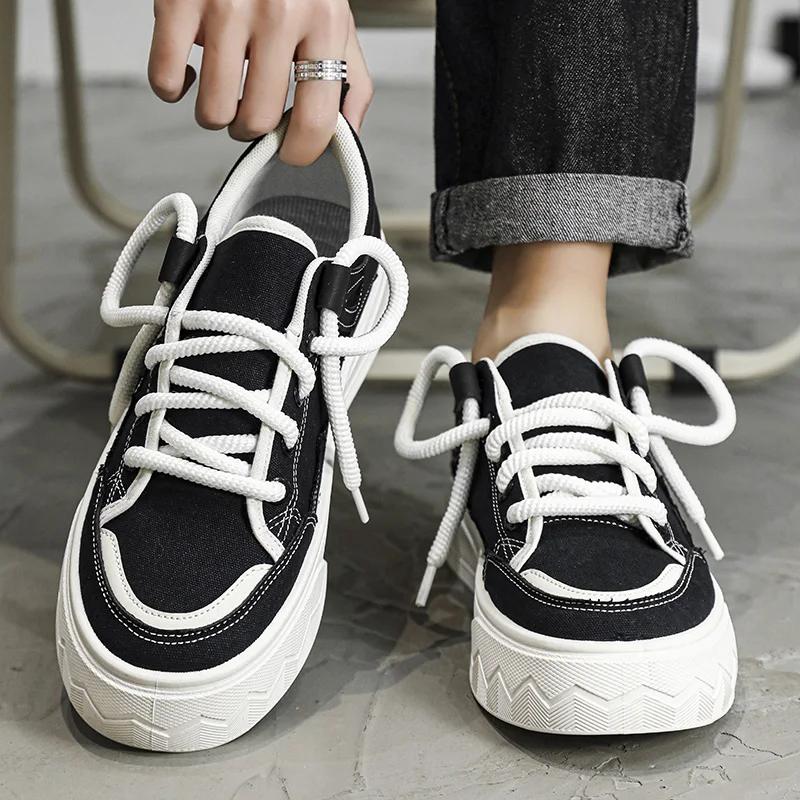 Male Canvas Shoes Patchwork Men's Sneakers Korean Style Comfortable Platform Shoes Men's Breathable Lace-Up Vulcanized Shoes