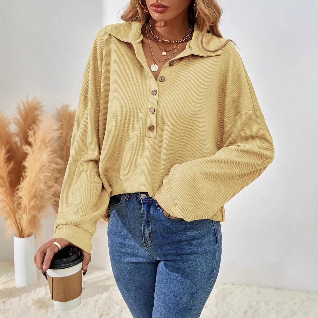 Neue Herbst- und Wintermode und elegantes einfarbiges Revers Langarm Damen Freizeitshirt