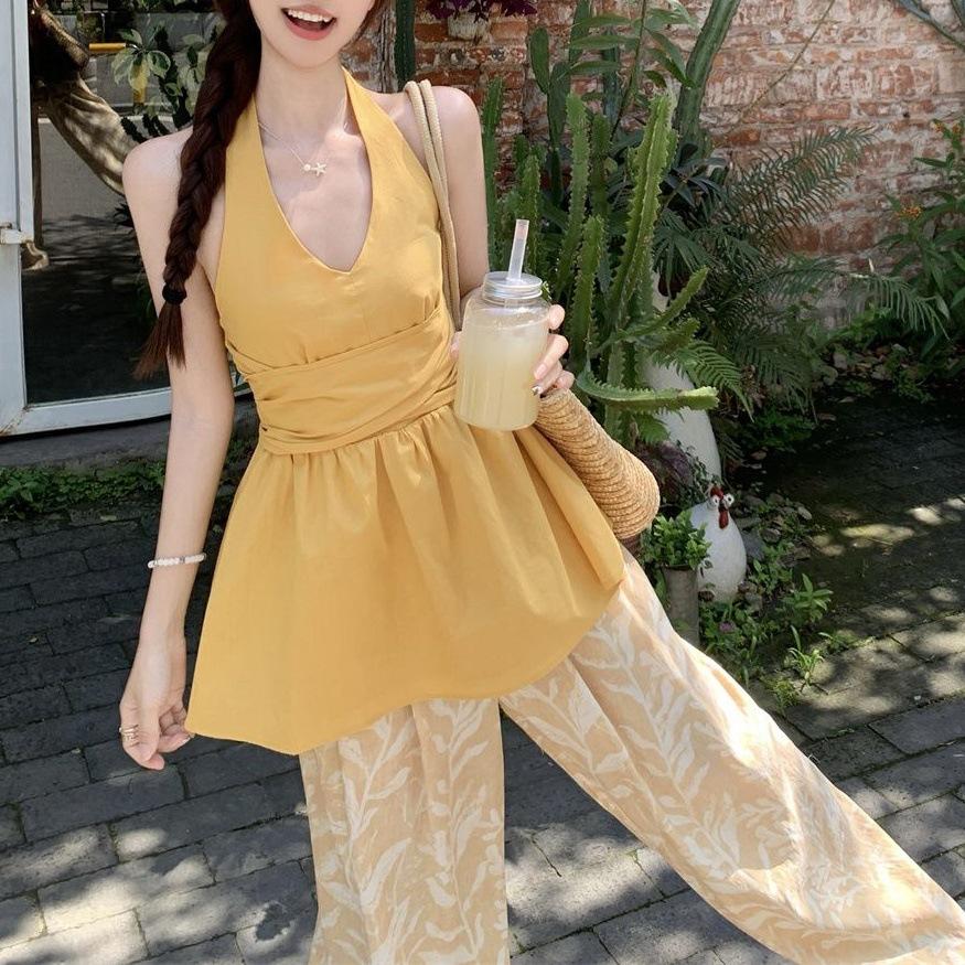 Pure desire V-neck strap waist halter neck vest mopping floor casual pants 2026 summer new fashion suit women S