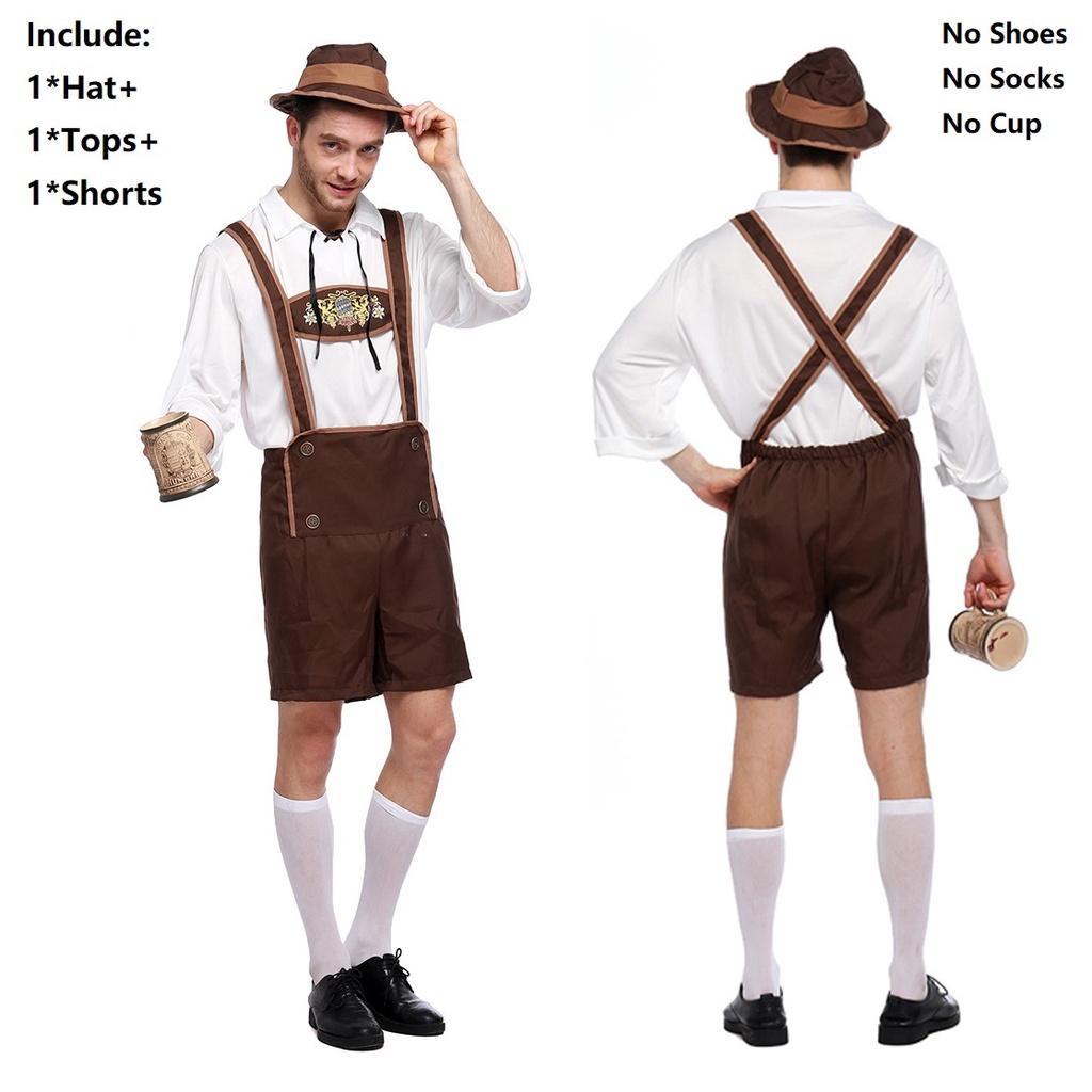 Oktoberfest Men Clothing Stage Costume Cosplay Shirt Suspenders Shorts Hat With