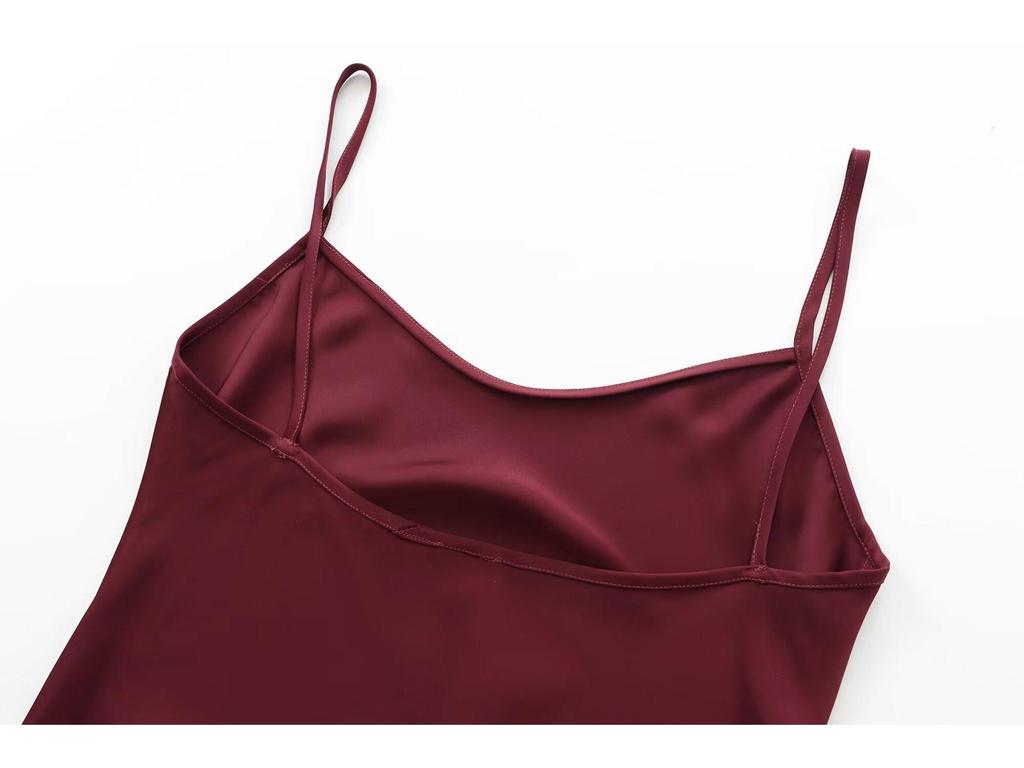 European & American Women's Autumn Burgundy Draped Sling Dress - Elegant & Lazy French Style