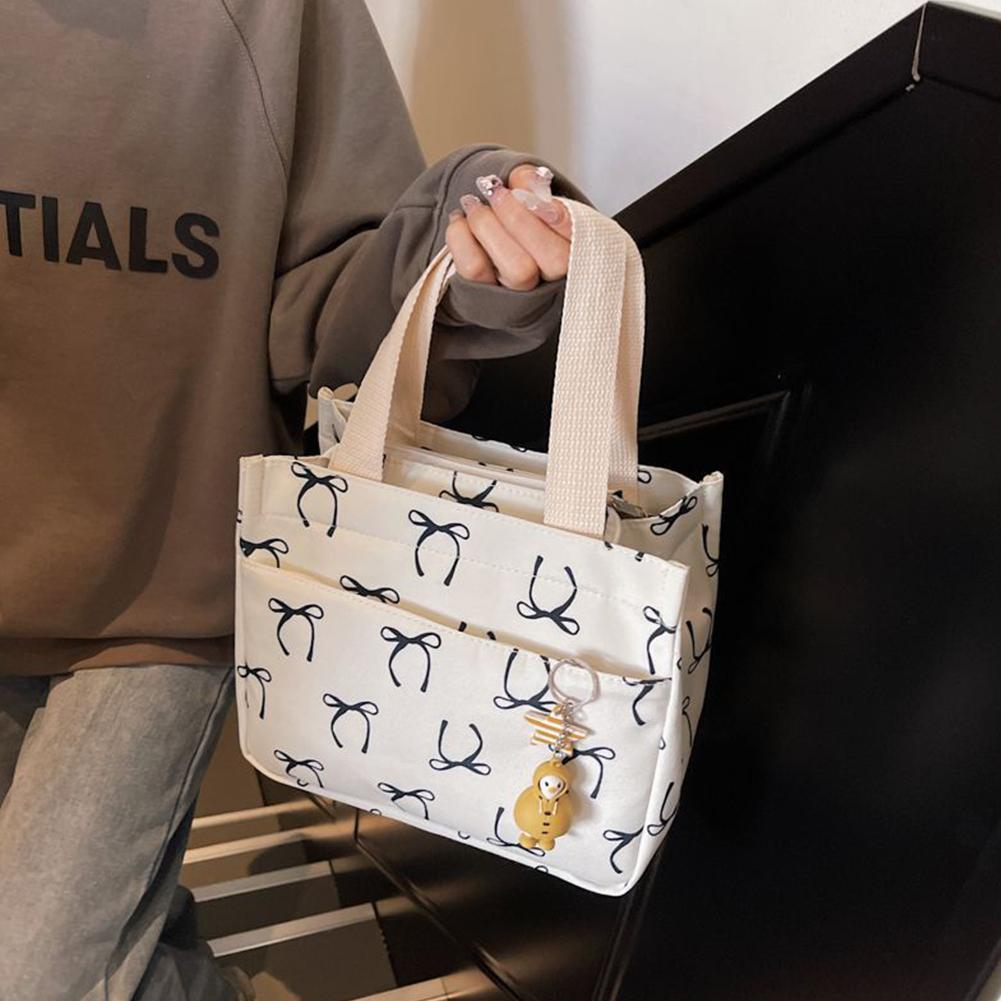 Canvas Lunch Bag with Handle Bow Print Tote Bag Lightweight Hobo Bag for Women Girls School Office Meal Prep Bag Cute Lunch Bag