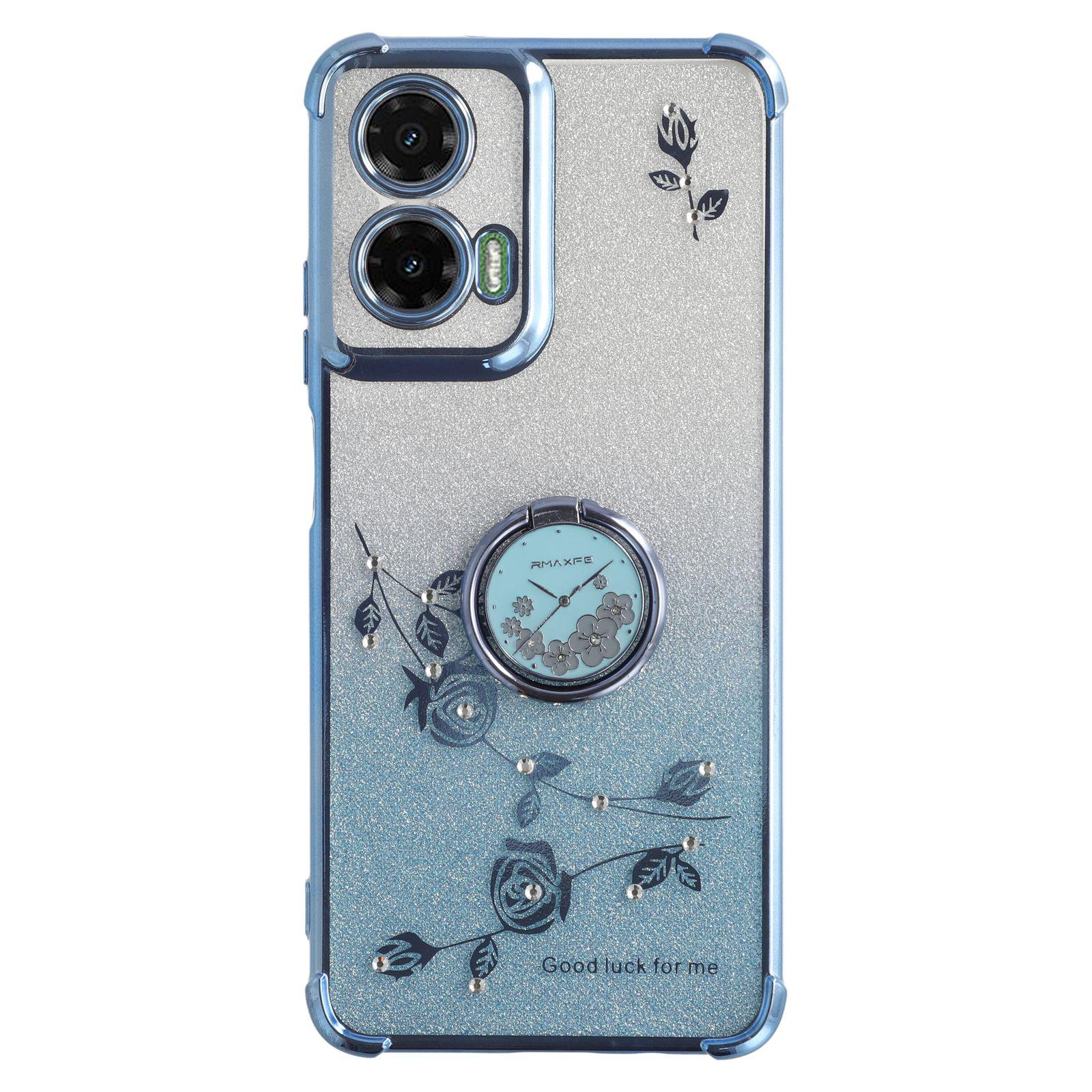 

For Motorola Moto G35 5G Case Ring Kickstand TPU Flowers Phone Cover Gradient Glitter Blue