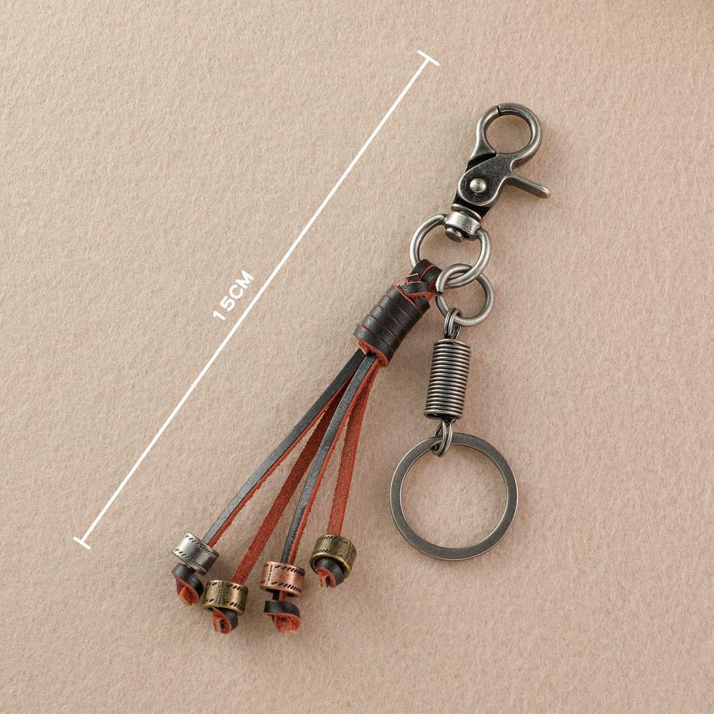 Handwoven Punk Cowhide Tassel Keychain with Alloy Dog Clasp for Men