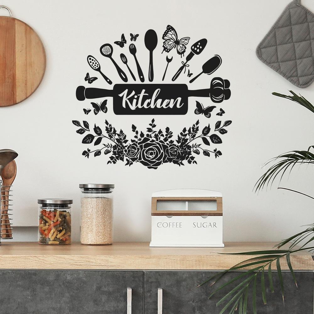 Creative Kitchen Utensils & Floral Wall Sticker Self-Adhesive Removable Bedroom Living Room Hallway Dorm Home Decor Art
