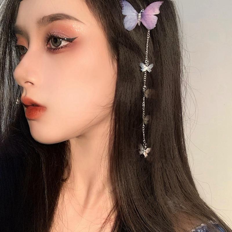 1 Pair Butterfly Hairpins New Korean Yarn Elegant Metal Tassel Long Hair Clips For Women Hanfu Antique Party Hair Accessories