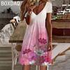 Boho  Flower Vintage Casual A-Line Dress Women Summer Short Sleeve V-Neck Hawaii Beach Party Dress