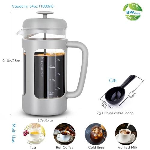 Easyworkz Heat-Resistant Glass French Press for Coffee & Tea, Soft Grip, 1000ml (8 Cups), Light Gray