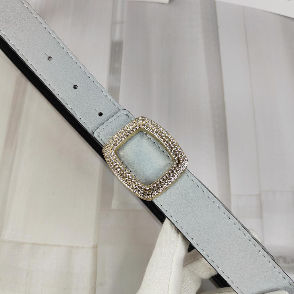 New Color Lychee Pattern Cowhide Belt Women'S Square Diamond-Encrusted Smooth Buckle Simple Jeans Belt