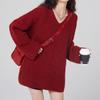Red V-neck Sweater Spring and Autumn New Lazy and Loose Fitting Pullover Women Knitted Jacket Top