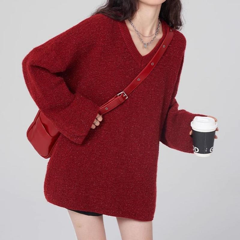 Red V-neck sweater Spring and Autumn new lazy and loose fitting pullover women knitted jacket top