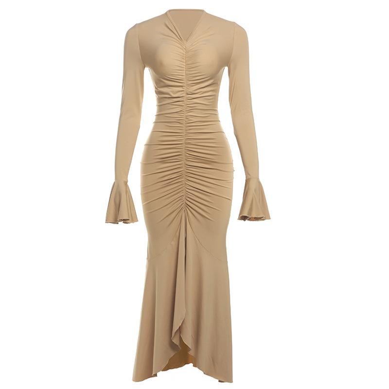 

Осінньо-зимова жіноча сексуальна плісирована довга сукня з рукавом-трубою та талією, суцільний колір із риб’ячим хвостом L коричневий