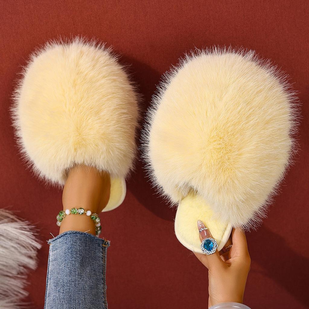 Winter Solid Color Fluffy Big Fur Slippers  Korean Style Faux Fur Slippers with Non-Slip Rubber Sole
