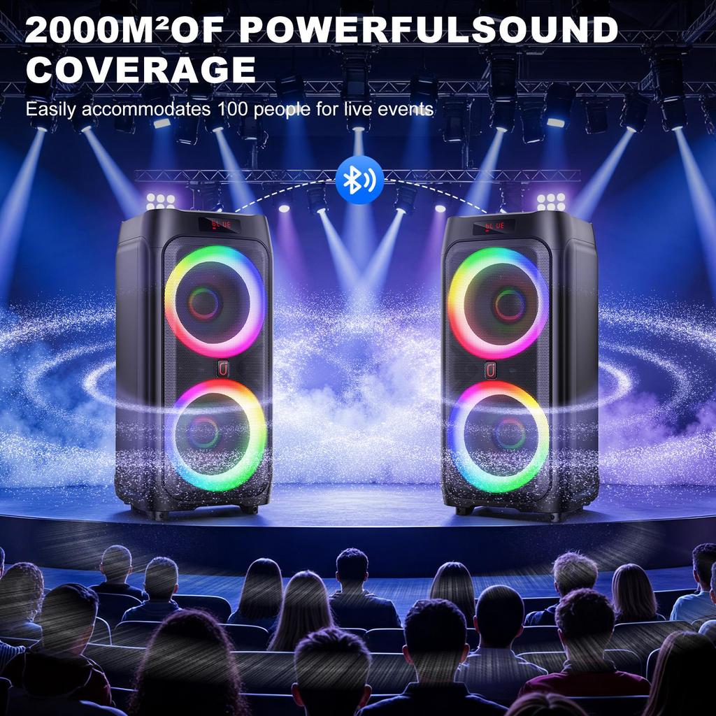 Karaoke Machine, Dual 8" Subwoofer Big Bluetooth Speaker with 500W Peak Power, PA System with DJ Light, Rolling Wheels and Trolley