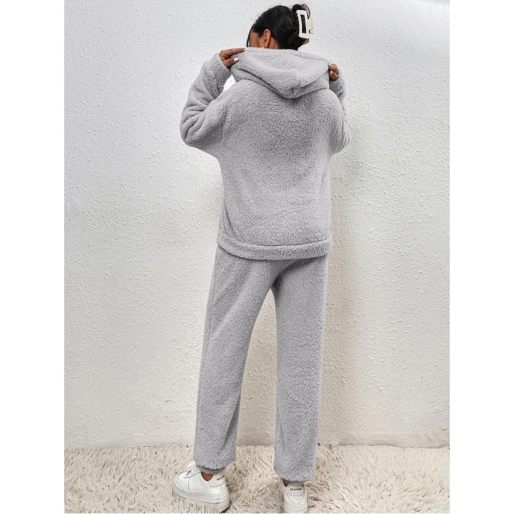 Autumn and Winter Solid Color Women's Clothing, Hooded Long Sleeved Patch Pocket Casual Pants Home Two-piece Set