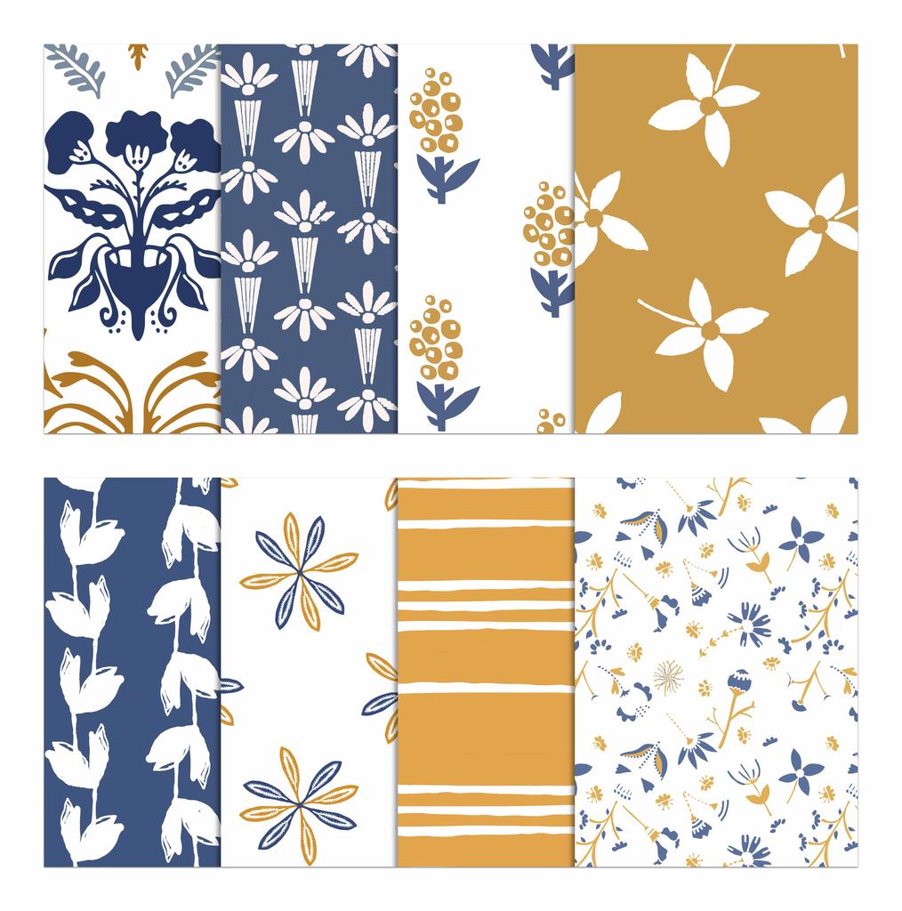 Soimoi 8 Pc Fat Quarter Bundle-  Asian Block  Print 18"x 22"  DIY Patchwork-  100  Cotton  Pre-Cut Quilting Fabric  Blue- Mustard &