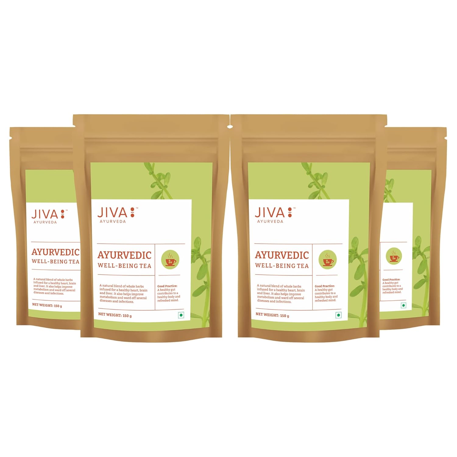Аюрведический чай Jiva 150 г Упаковка из 4 штук Без кофеина Травяной чай Укрепляет иммунитет Пищеварение и общее самочувствие