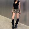 Women's Camouflage Lace-Up Denim Skirt - American Retro Low-Waisted A-line Hip-Hugging Mini Skort
