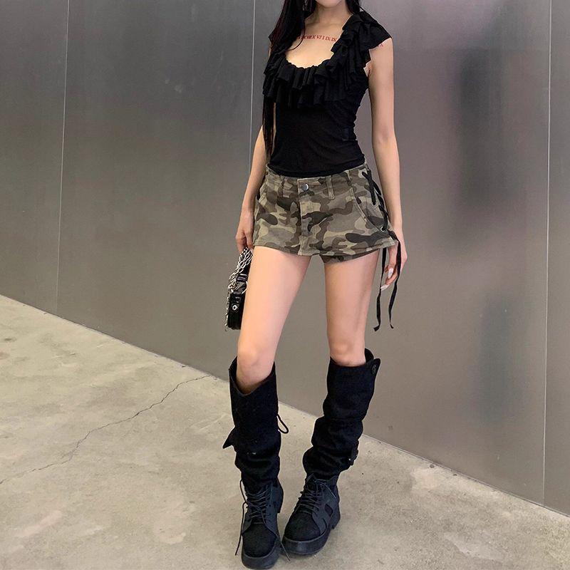 Women's Camouflage Lace-Up Denim Skirt - American Retro Low-Waisted A-line Hip-Hugging Mini Skort