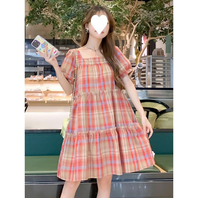 2024 Frisches Karomuster A-Linien Kurzarmkleid für zierliche Frauen