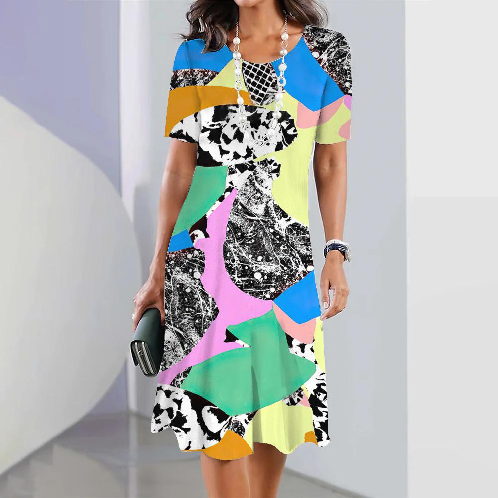 Summer Women's Fashion Round Neck Short-sleeved A-line Dress 3d Colorful Printing Casual Loose Dress