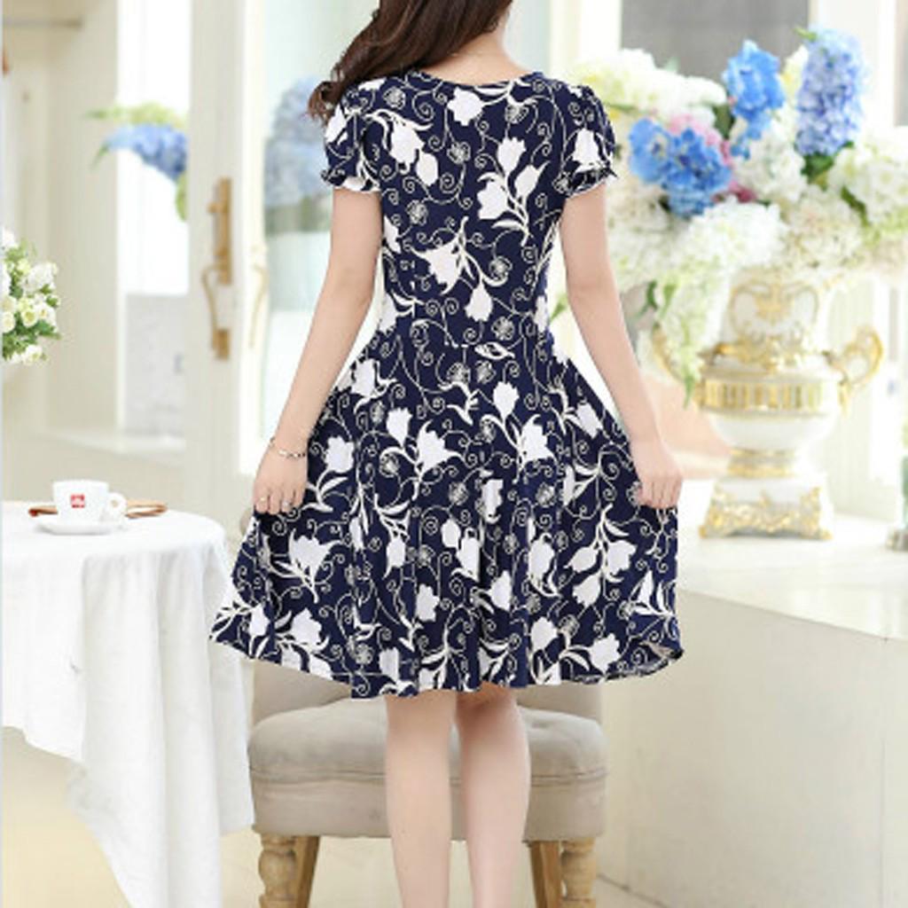 Women Elegant Fashion  Knee Length Short Sleeve Retro Printing Dress