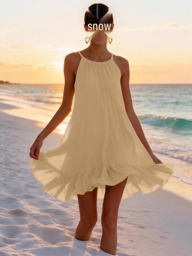 Spring Summer Sleeveless Pleated Halter Vacation Dress for Women
