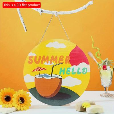 2D Flat 20*20cm 1pc Hello Summer Cartoon coconut&Umbrella&straw Patterns Wooden Ornament, Welcome Good Quality Sign for Front Door Decor, Awesome