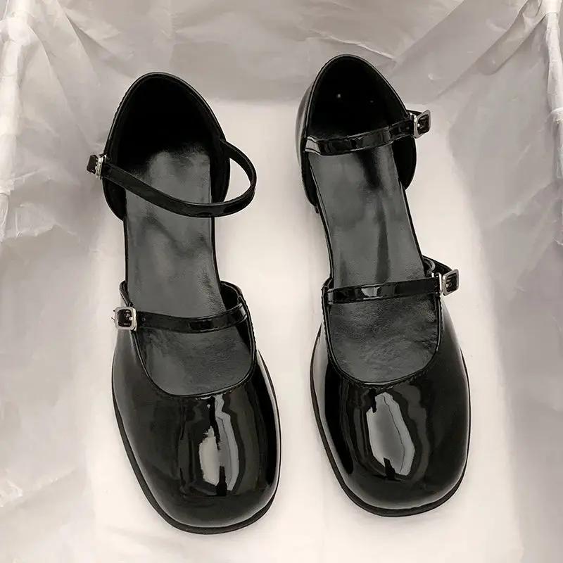 Fashion Mary Jane Shoes Buckle Pumps Women Elegant Shallow Hollow Thick Heel Casual Shoes Ladies Office Party Leather Shoes 2025