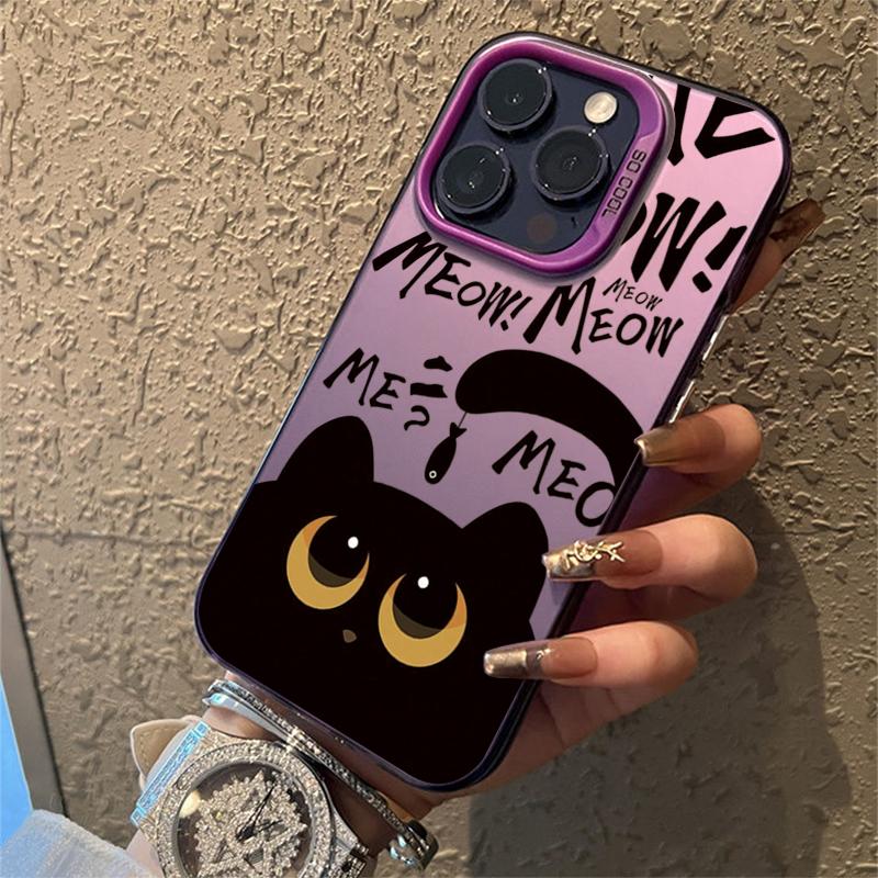 Cartoon Black Cat Eating Fish Electroplate Silver IMD Phone Case For iPhone 16 15 14 Pro Max 13 12 11 Pro 7 8 Plus X XS XR Cover